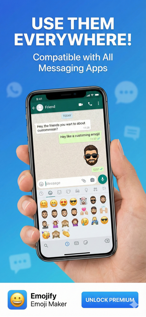 Emojify – Emoji Maker - Una pantalla de teléfono inteligente que muestra stickers de emoji personalizados en una ventana de chat de mensajería.