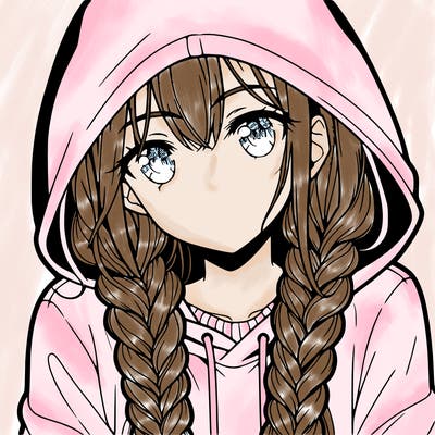 anime girl with long braids and hoodie