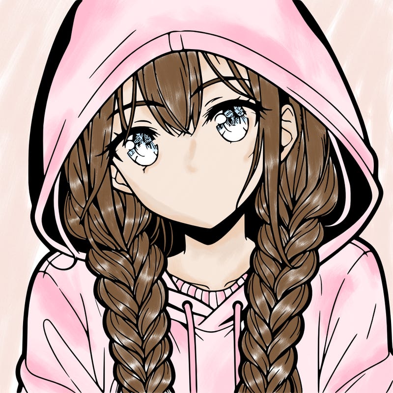 anime girl with long braids and hoodie