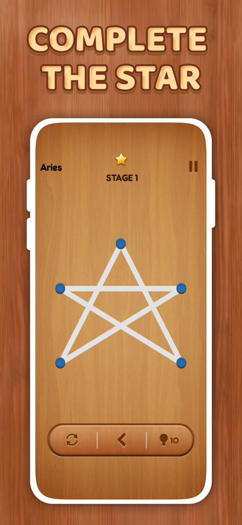 One Line Fun - One Line Puzzle - A mobile game screen from One Line Fun showing a brain training puzzle where the user must connect dots to form a star.