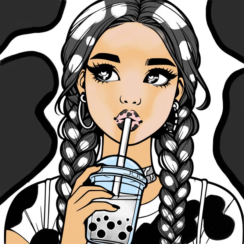 realistic girl with braided hair drinking boba