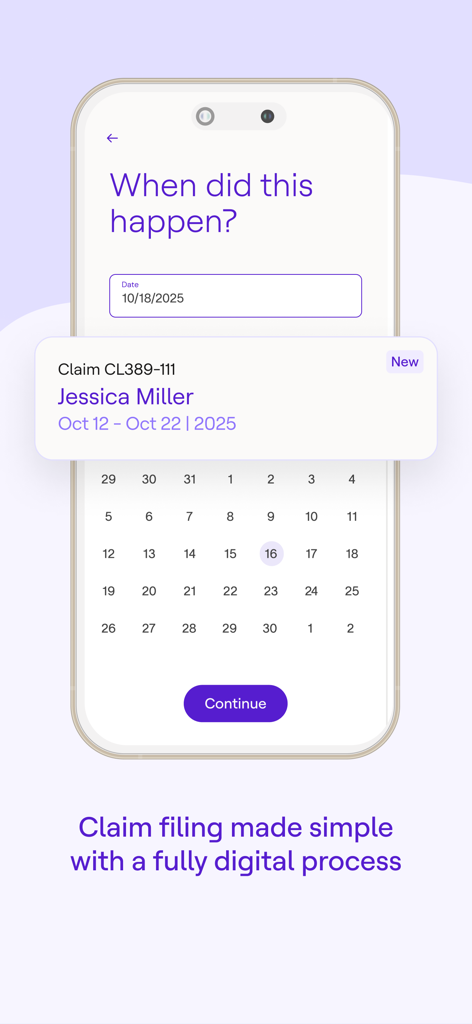Faye Travel Insurance app interface showing a simple digital claim filing process with a calendar date picker.