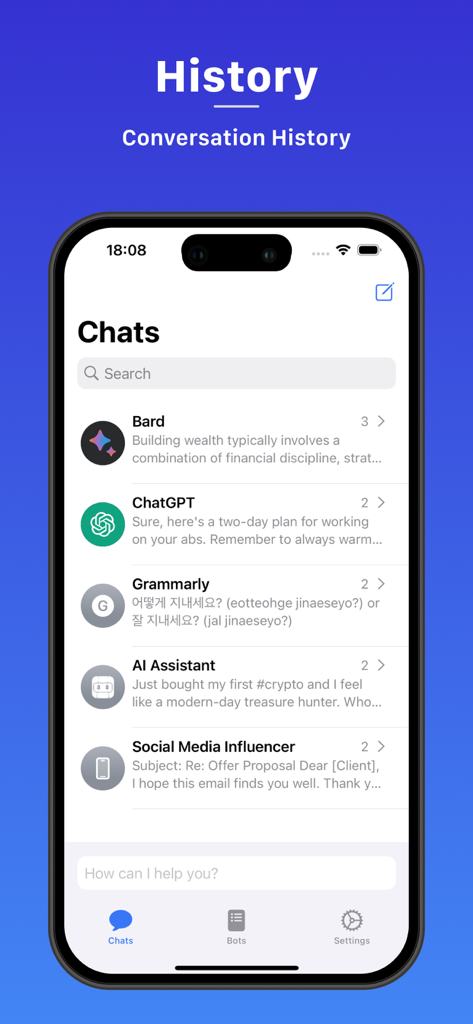 AI Chat - Ask Bot Assistant - AIチャットアプリの会話履歴画面。さまざまなAIモデルとの以前のインタラクションのリストを表示しています。