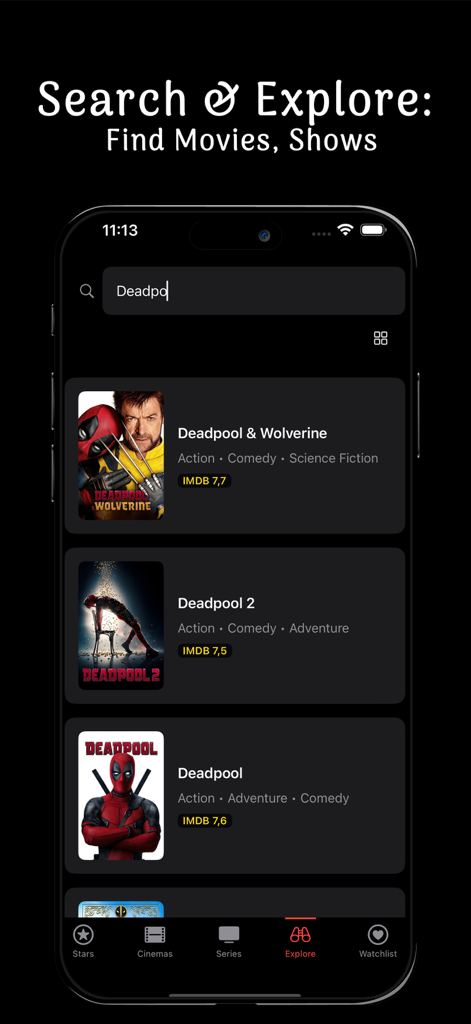 YouCinE Flix, Shows & Stars - Écran de recherche de l'application mobile montrant les résultats du film Deadpool avec des affiches et des notes IMDb.