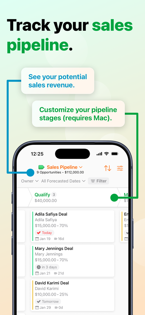 Daylite - Mail, Calendar, CRM - iPhone screen showing Daylite app sales pipeline with potential revenue and deal status for business professionals