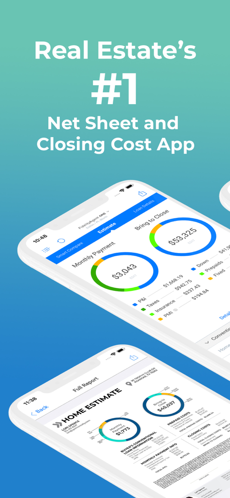 FidelityAgent ONE - FidelityAgent ONE app interface showing real estate net sheet and closing cost estimates on mobile screens.