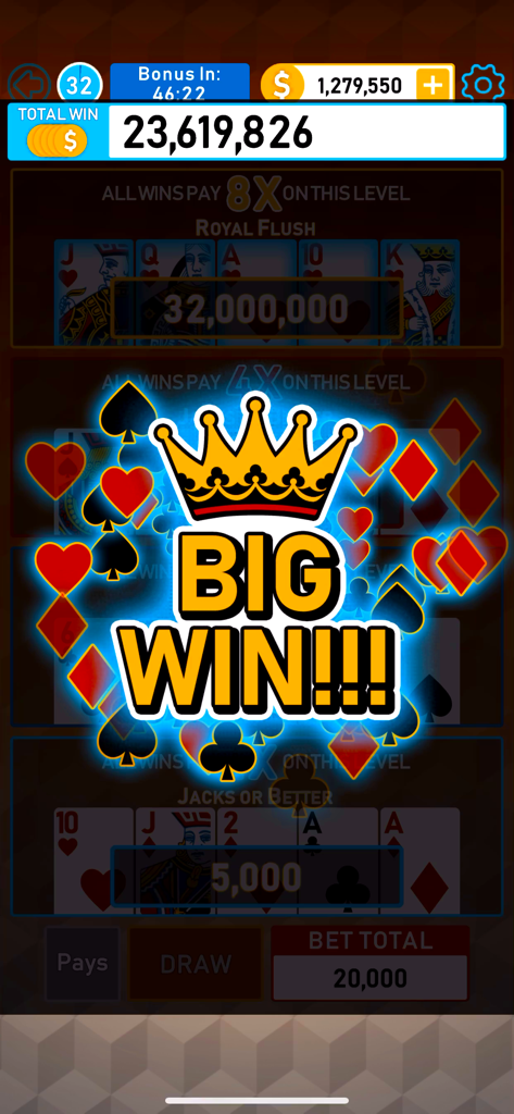 Video Poker Multi Bonus Mobile Spiel, das eine Big Win Benachrichtigung mit einer Krone und schwebenden Kartensymbolen anzeigt