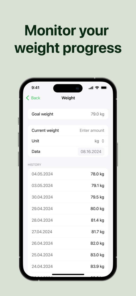 16:8・Intermittent fasting app - 間欠性断食アプリでの体重履歴と進捗状況の追跡を表示するモバイル画面