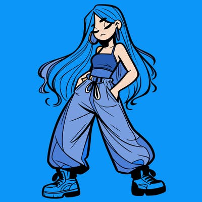 girl in baggy pants crop top and long hair