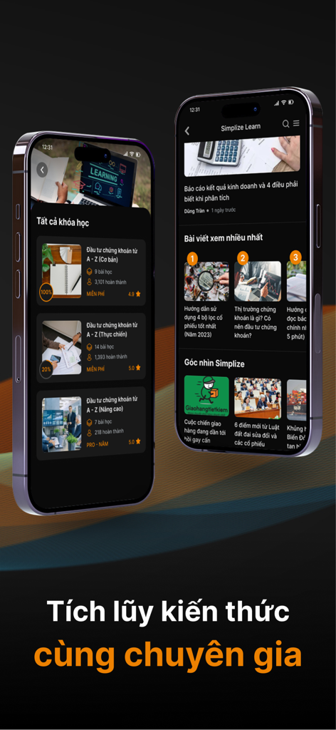 Two mobile screens from the Simplize app showing stock market courses and investment articles in Vietnamese.
