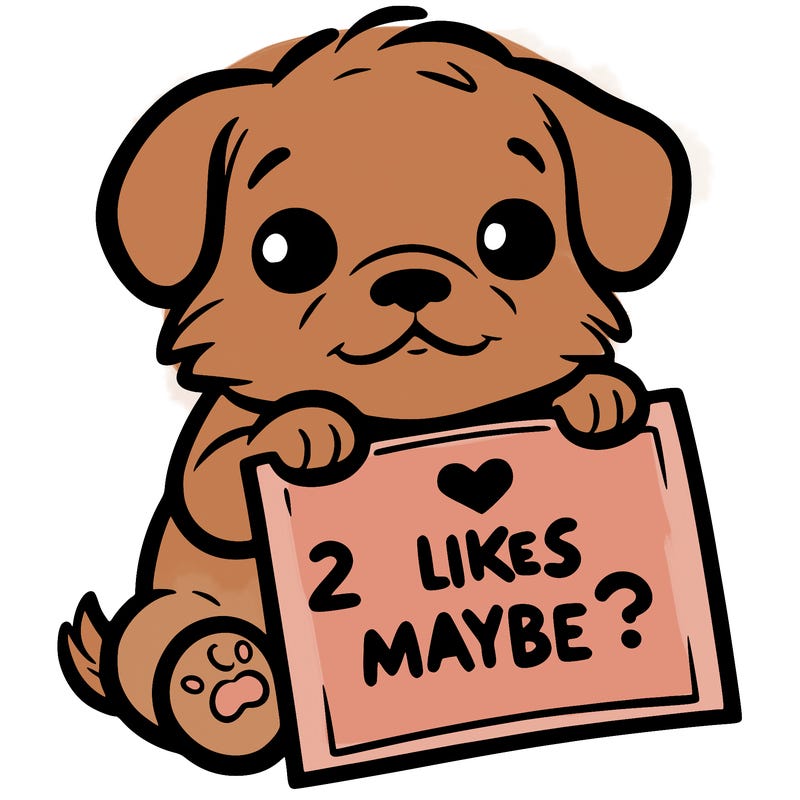 a puppy holding a sign that says 2 likes maybe?
