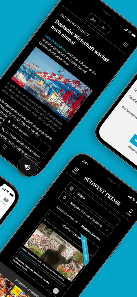 SÜDWEST PRESSE mobile app displaying news articles and local edition selection in dark mode
