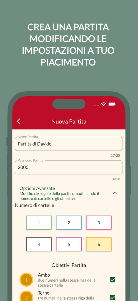 Interfaz para crear una partida privada de Tombola con configuraciones personalizadas para cartones y reglas.