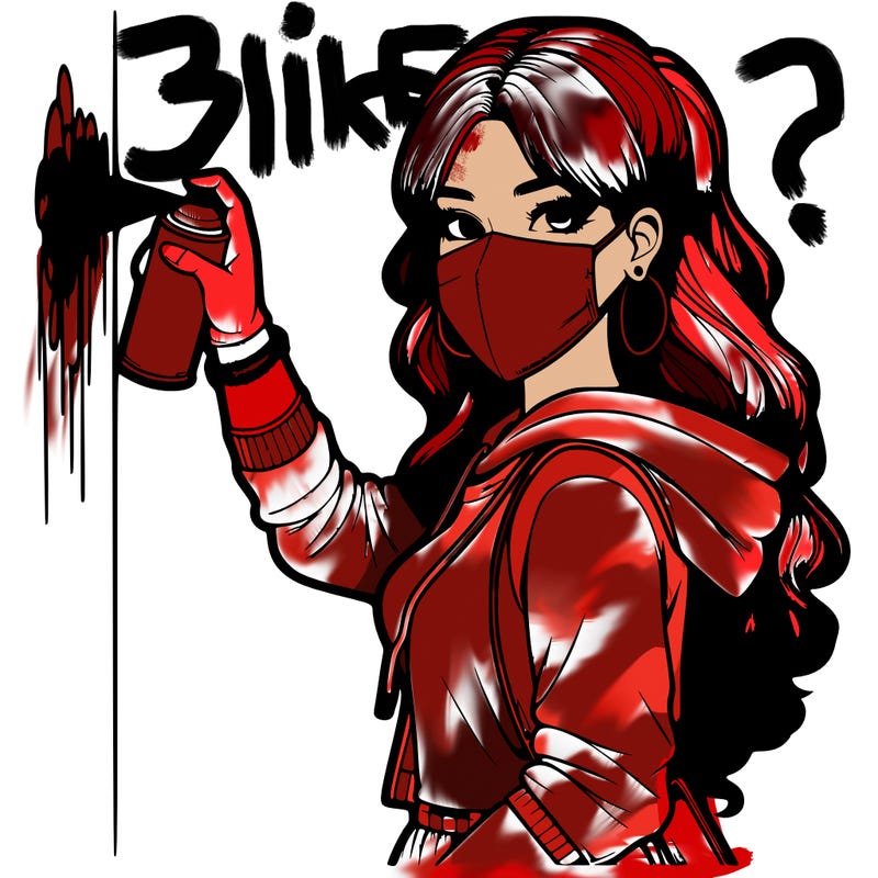 realistic girl with mask spray painting a wall