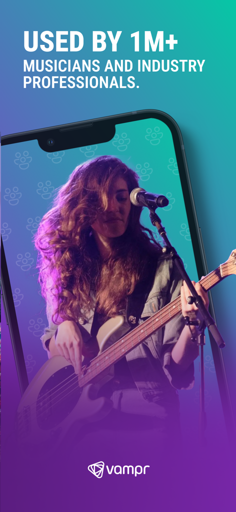 Vampr: #1 Musician Network. - Werbebild für die Vampr-App mit einem Musiker, der Bassgitarre spielt, und Text, der über eine Million Nutzer hervorhebt