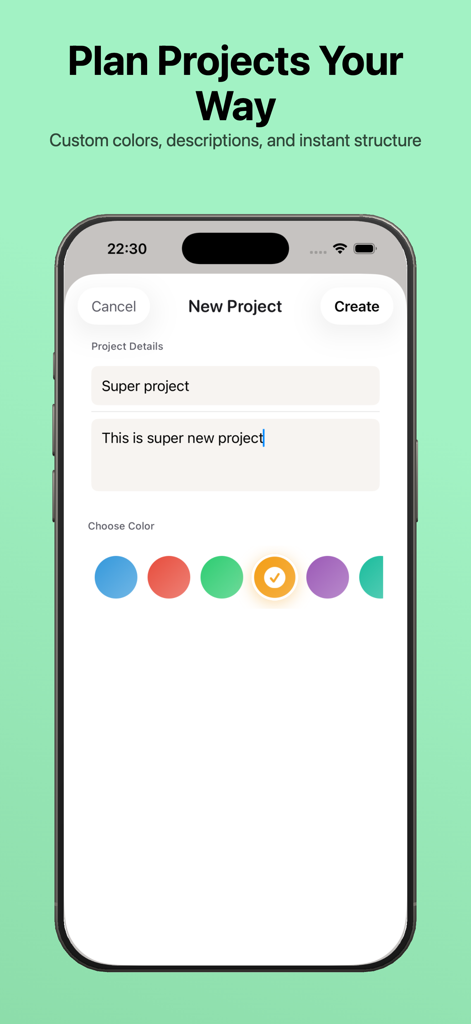 Planelo: Idea & Project Hub - Planelo app interface for creating a new project with customizable colors and descriptions on an iPhone.