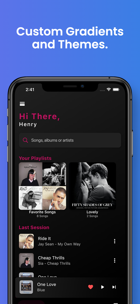 Youtify music app interface showing a dark mode dashboard with custom pink themes and playlists