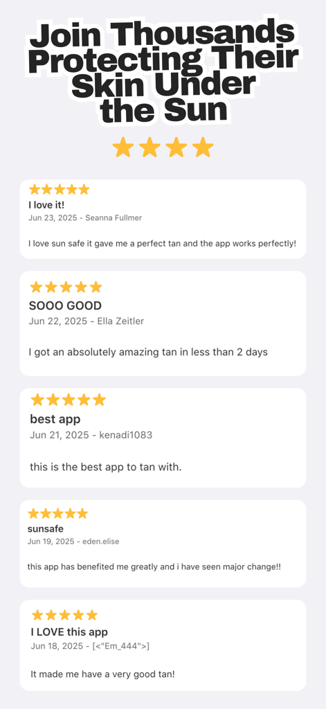 A collection of five-star user reviews and testimonials for the Sunglow Tanning App.