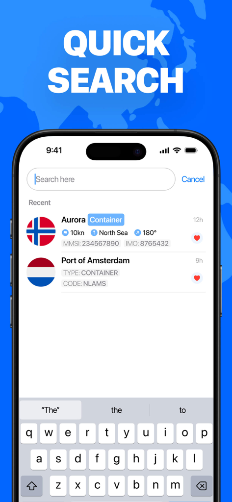 선박 및 항구 세부 정보를 표시하는 Marine Traffic 및 Ship Tracker 앱의 빠른 검색 인터페이스.