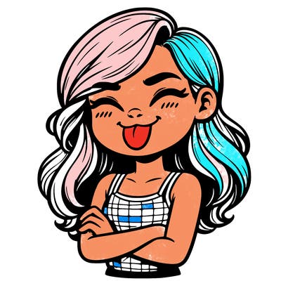 realistic girl crossing her arms and wearing a tank top with her tongue held out she has long hair