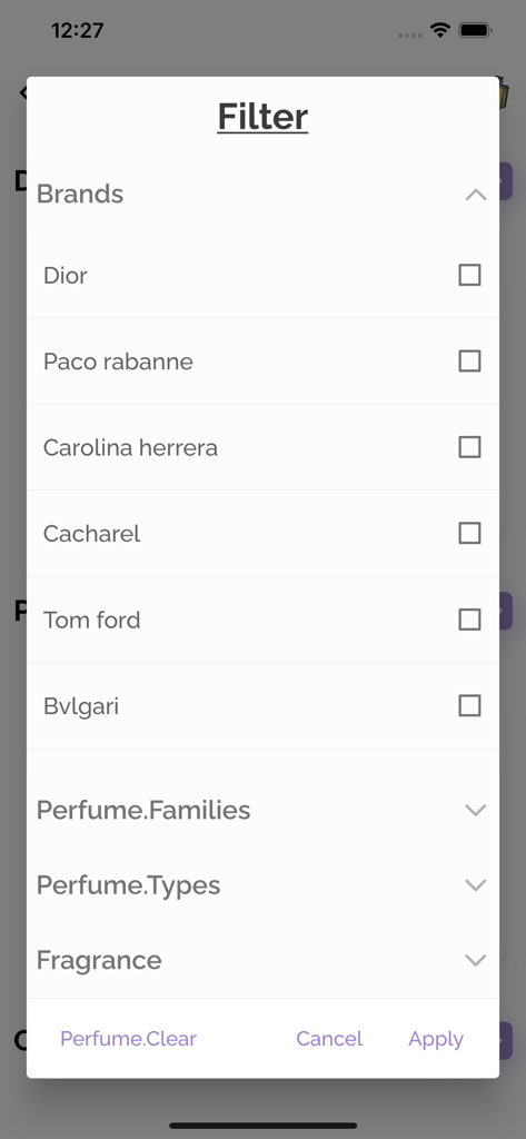 Filtermenü, das Parfummarken wie Dior und Tom Ford in der mobilen Perfumes Book Anwendung zeigt