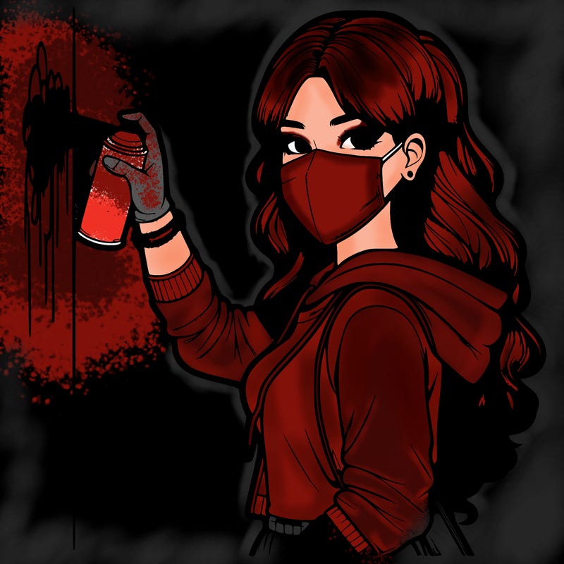 realistic girl with mask spray painting a wall