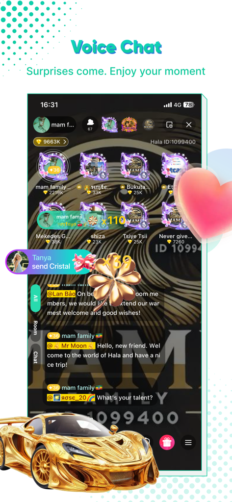 Hala Voice Chat Community mobile app interface showing a virtual group chat room with user profiles and digital gift animations.