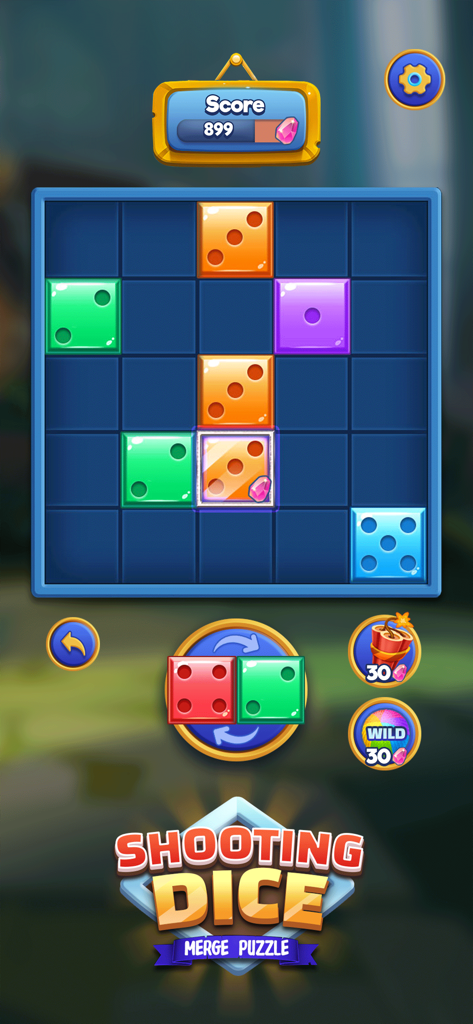 Offline GameHub: No Wifi Games - Interfaz del juego de puzzles de fusión Shooting Dice dentro de la aplicación Offline GameHub mostrando una cuadrícula con dados numerados coloridos