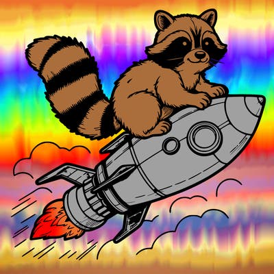 realistic raccoon flying on top rocket ship