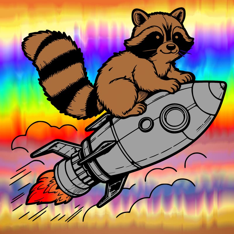 realistic raccoon flying on top rocket ship