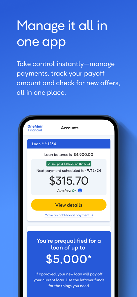 OneMain - 대출 잔액 및 결제 일정을 보여주는 OneMain Financial 모바일 앱 대시보드