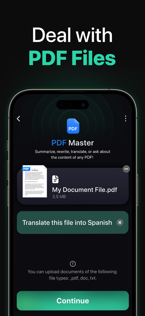 Chatly: AI Chatbot & Assistant - Chatly app interface for translating and summarizing PDF files with AI