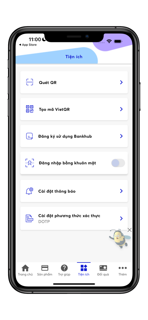 Menu Utilità dell'app BIZ MBBANK con opzioni QR code e impostazioni di accesso biometrico