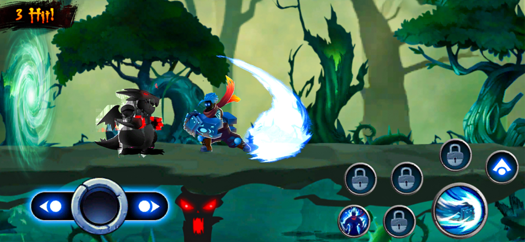 Kung Fu Karate: Ninja Fighting - Un héroe ninja realizando un ataque de tajo de energía azul brillante contra un monstruo sombra en un bosque oscuro.