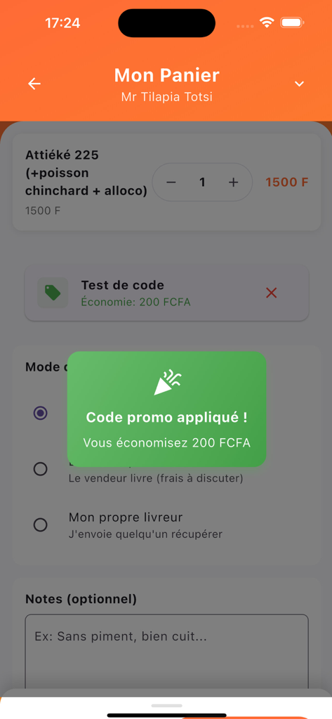 Mr Tilapia - Screenshot of the Mr Tilapia mobile app showing a successfully applied promo code in the shopping cart