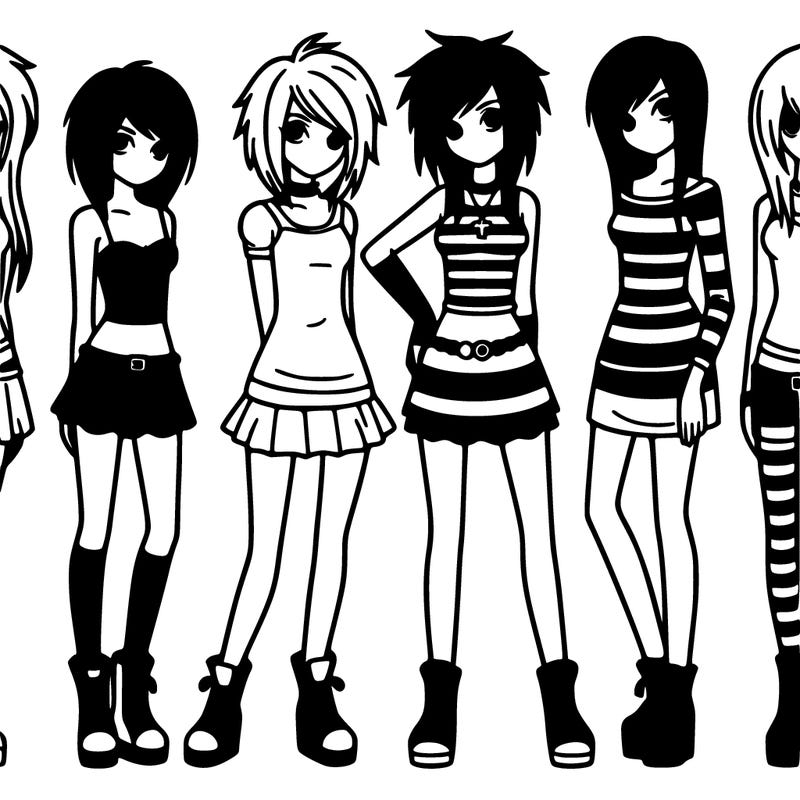5 tall pretty e girls standing next to each other in emo outfits