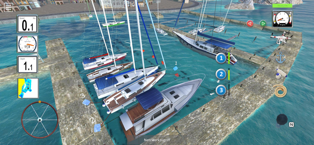 Dock your Boat 3D - 3D boat docking simulator showing a yacht maneuvering in a harbor with technical marine instruments