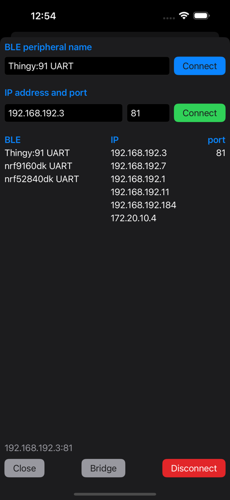IoT sensors app connection screen for BLE and IP network configuration