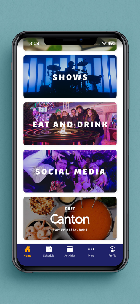 Montréal en lumière - Tela inicial do aplicativo Montreal en lumiere exibindo atividades do festival e categorias