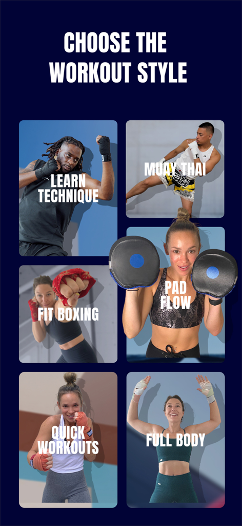 PunchLab: Boxing Workout - Selection screen of combat fitness styles including Muay Thai Fit Boxing and Pad Flow in the PunchLab app