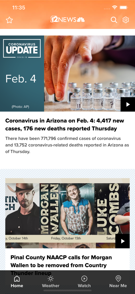 12 News KPNX Arizona - Home screen of the 12 News KPNX Arizona mobile app showing local news stories and a navigation menu with Weather and Watch options.