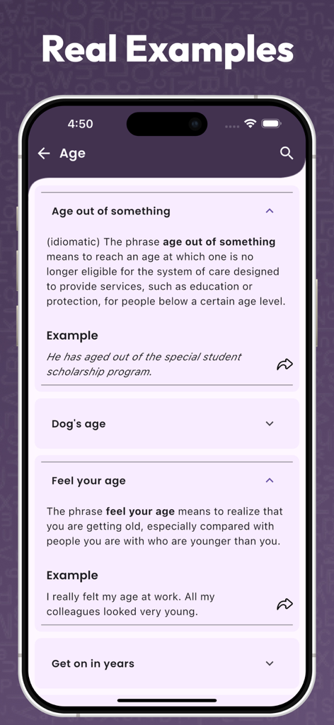 Idioms and Phrases - English - Interfaz de aplicación móvil que muestra modismos en inglés relacionados con la edad con definiciones y ejemplos de uso.