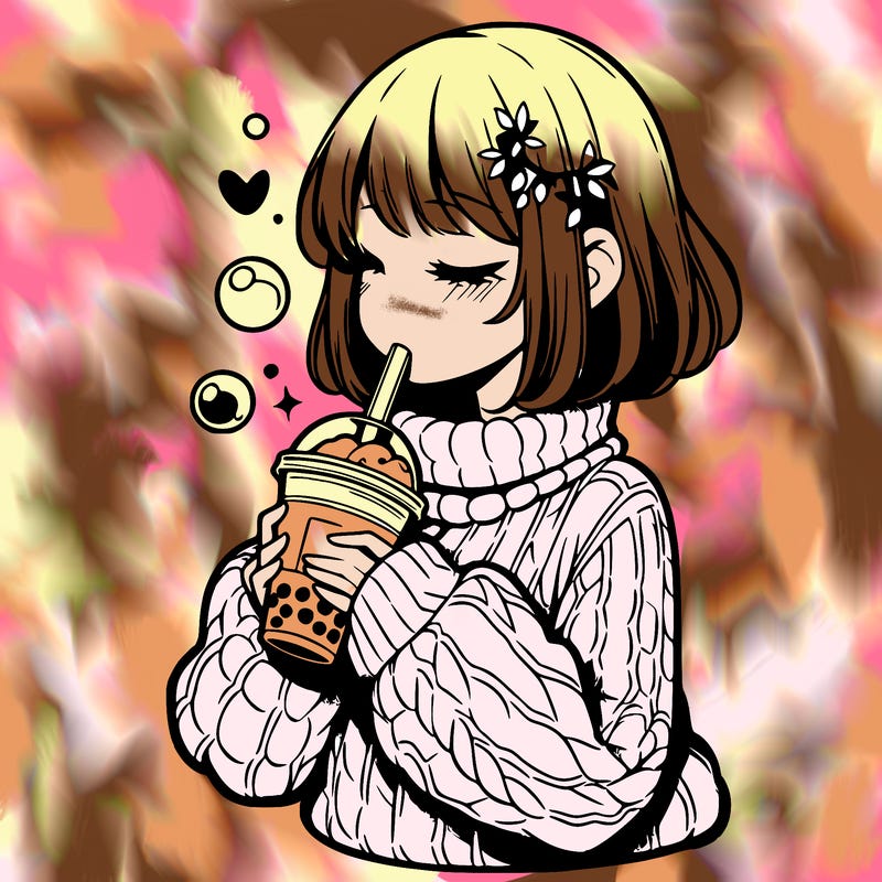 manga girl drinking boba in cozy sweater