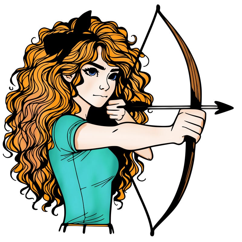 a woman with curly and messy hair using a bow to shoot arrow realistic