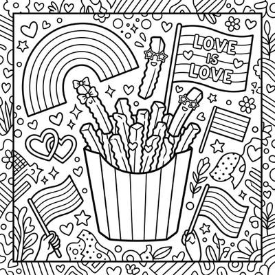 Get ready to celebrate love and deliciousness with this vibrant Pride-themed French fries coloring page. It's packed with rainbows, hearts, and joyful symbols, perfect for adding your personal touch.