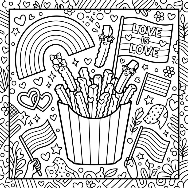 Get ready to celebrate love and deliciousness with this vibrant Pride-themed French fries coloring page. It's packed with rainbows, hearts, and joyful symbols, perfect for adding your personal touch.