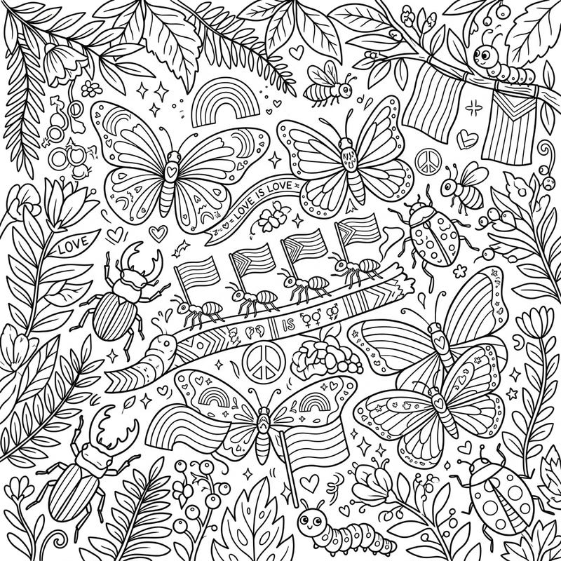 Dive into a world of tiny wonders and big love with this enchanting Forest Insects Pride coloring page. Discover butterflies, beetles, and ants celebrating diversity amidst beautiful natural elements and symbols of unity.