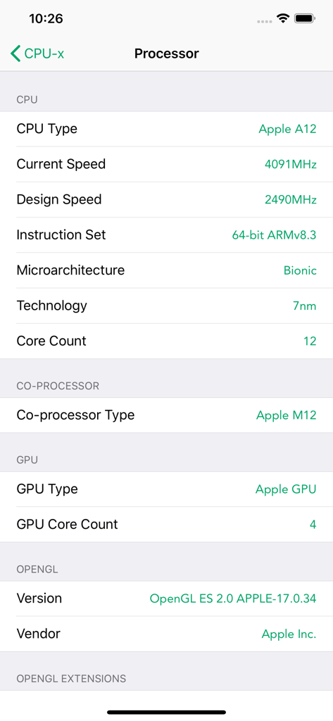 Technical processor details shown in CPU-x app including CPU speed and core count