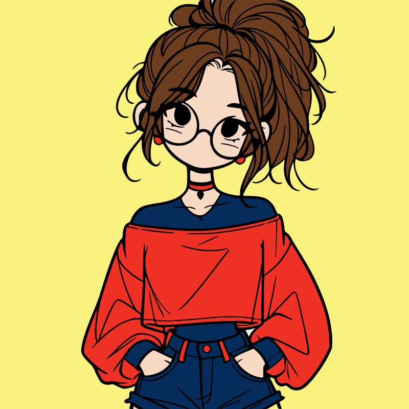 girl with a messy ponytail glasses a baggy crop top and jean shorts