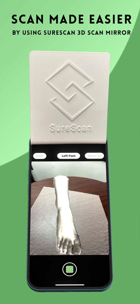 SnugFit O&P 3D Scanner - SnugFit OP 3D scanner app interface showing a foot scan using the SureScan mirror accessory